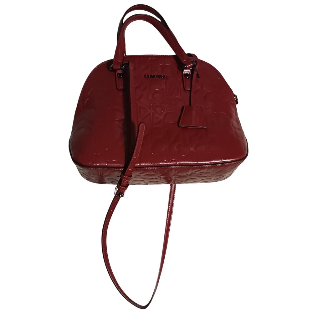 Calvin Klein Logo Red Vegan CK Embossed Handbag Purse with Shoulder Strap EUC
